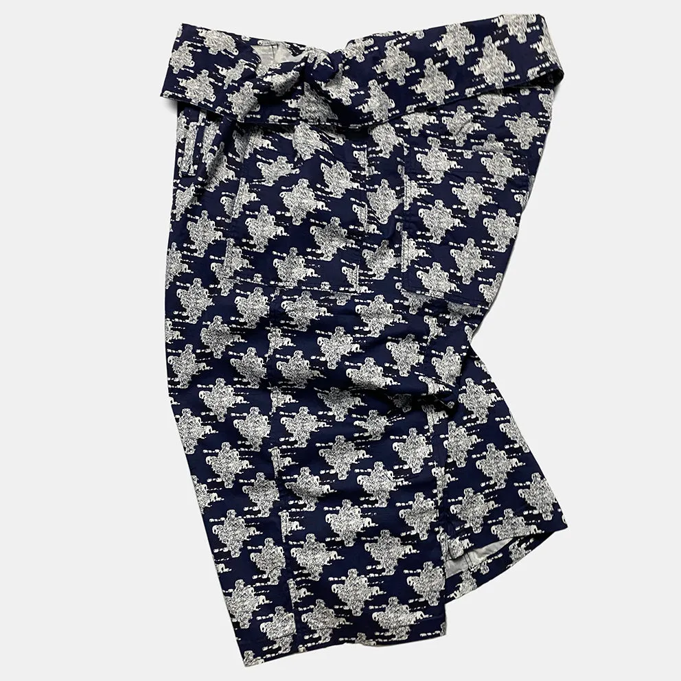 BZEN M.1063 SAWADEE-EB RELAX FIT UNISEX ANKLE LENGTH ELEPHANT PRINT POPLIN THAI FISHERMEN 4 POCKET DENIM WRAP PANT-5OZ-E0 BLUE