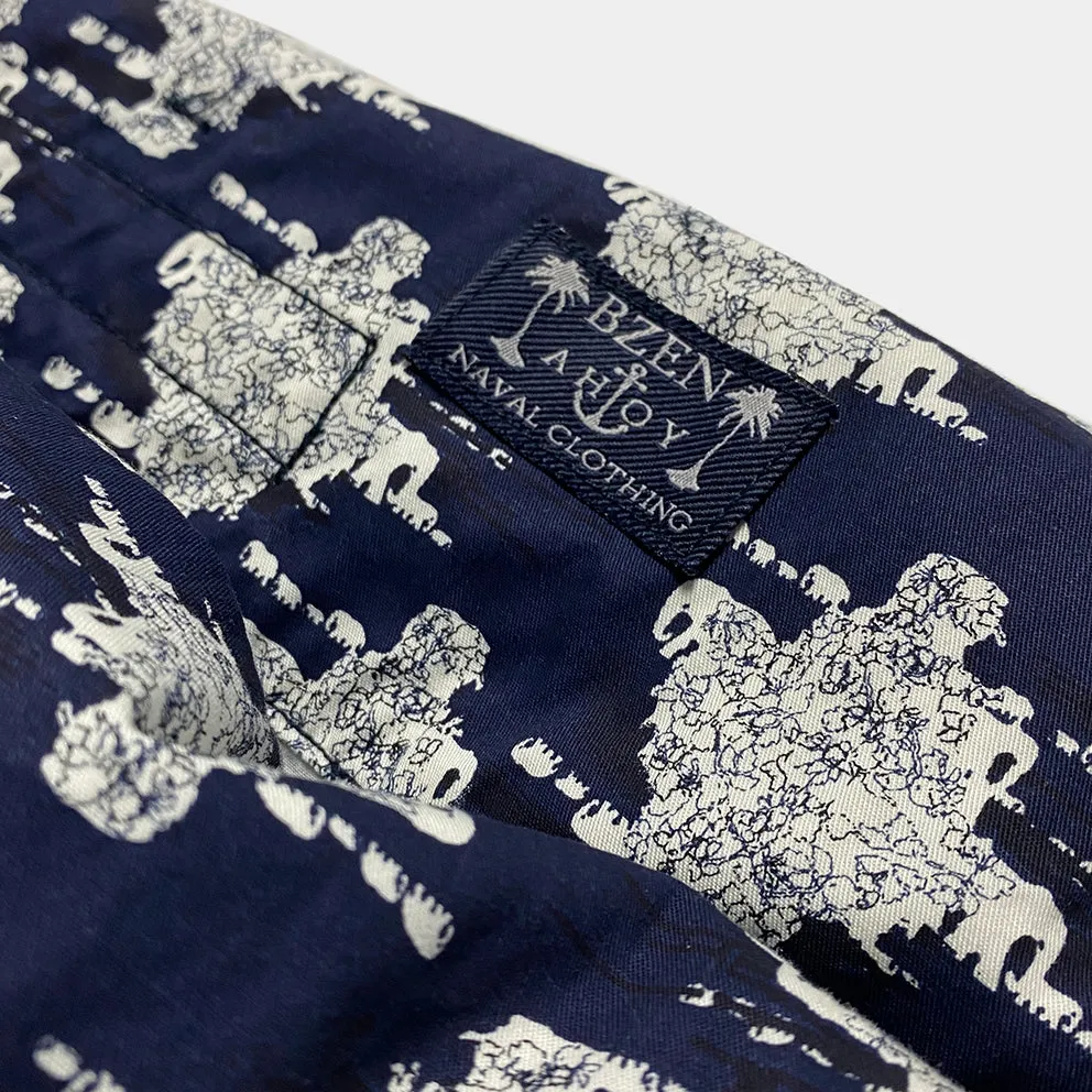 BZEN M.1063 SAWADEE-EB RELAX FIT UNISEX ANKLE LENGTH ELEPHANT PRINT POPLIN THAI FISHERMEN 4 POCKET DENIM WRAP PANT-5OZ-E0 BLUE