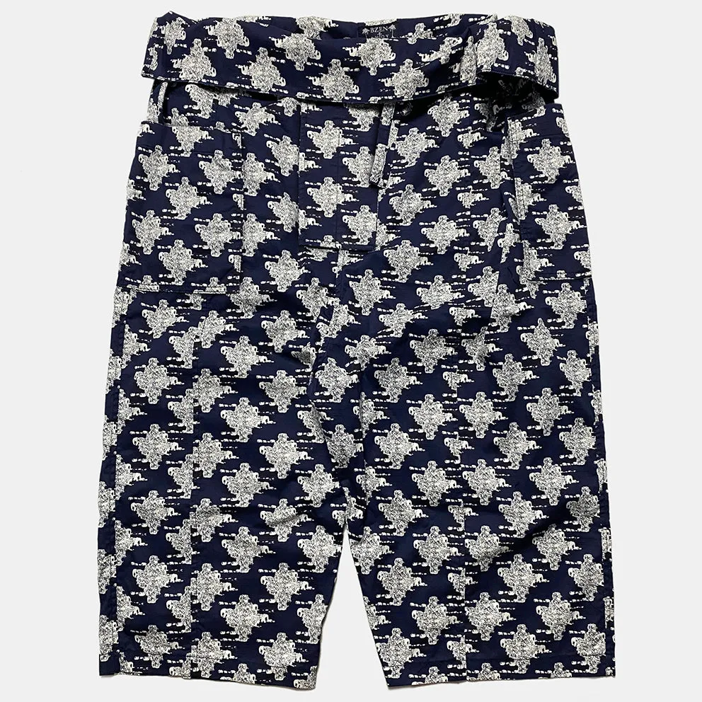 BZEN M.1063 SAWADEE-EB RELAX FIT UNISEX ANKLE LENGTH ELEPHANT PRINT POPLIN THAI FISHERMEN 4 POCKET DENIM WRAP PANT-5OZ-E0 BLUE