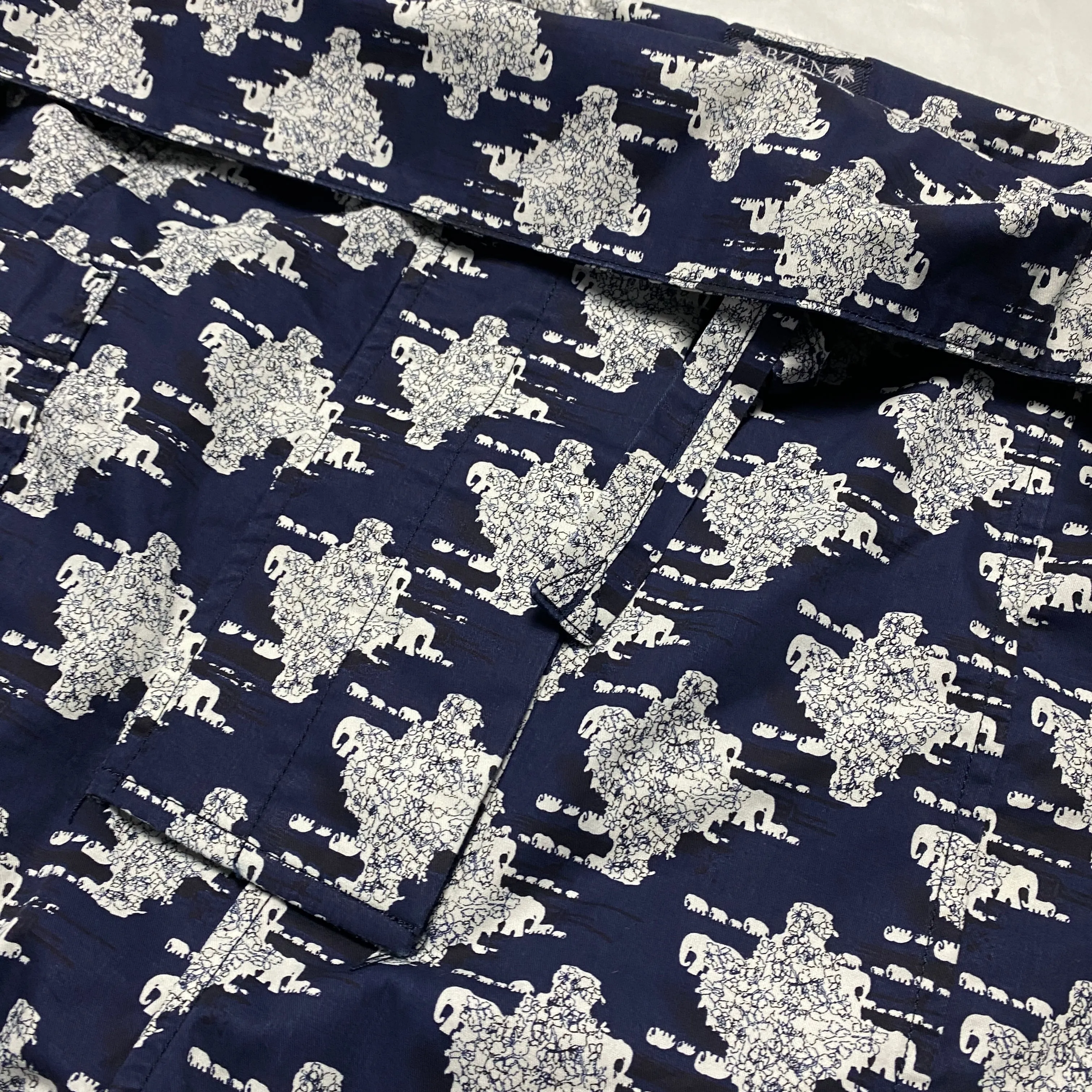 BZEN M.1063 SAWADEE-EB RELAX FIT UNISEX ANKLE LENGTH ELEPHANT PRINT POPLIN THAI FISHERMEN 4 POCKET DENIM WRAP PANT-5OZ-E0 BLUE