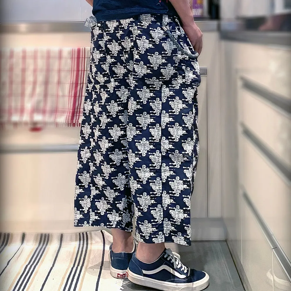 BZEN M.1063 SAWADEE-EB RELAX FIT UNISEX ANKLE LENGTH ELEPHANT PRINT POPLIN THAI FISHERMEN 4 POCKET DENIM WRAP PANT-5OZ-E0 BLUE