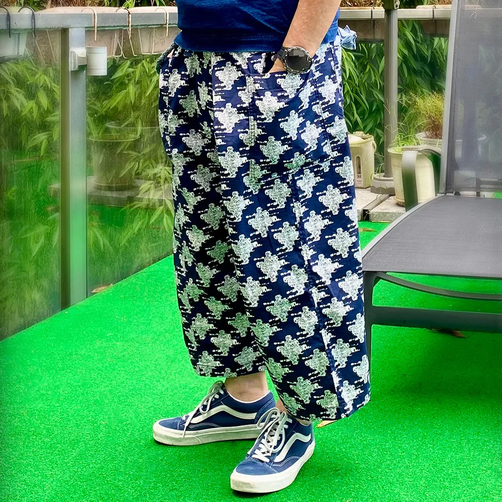 BZEN M.1063 SAWADEE-EB RELAX FIT UNISEX ANKLE LENGTH ELEPHANT PRINT POPLIN THAI FISHERMEN 4 POCKET DENIM WRAP PANT-5OZ-E0 BLUE