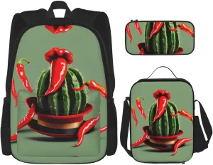 Cactus Hat And Chili Pepper Print Travel Backpack For Women 3-Piece Set With Insulated Lunch Box,For Outdoor Travel