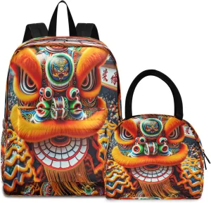 Cantonese Lion Dance Tiger's Head Hat with Text Set Backpack Waterproof Lunch Cooler, Kid Backpack with Lunch Box, Elementary School Backpack
