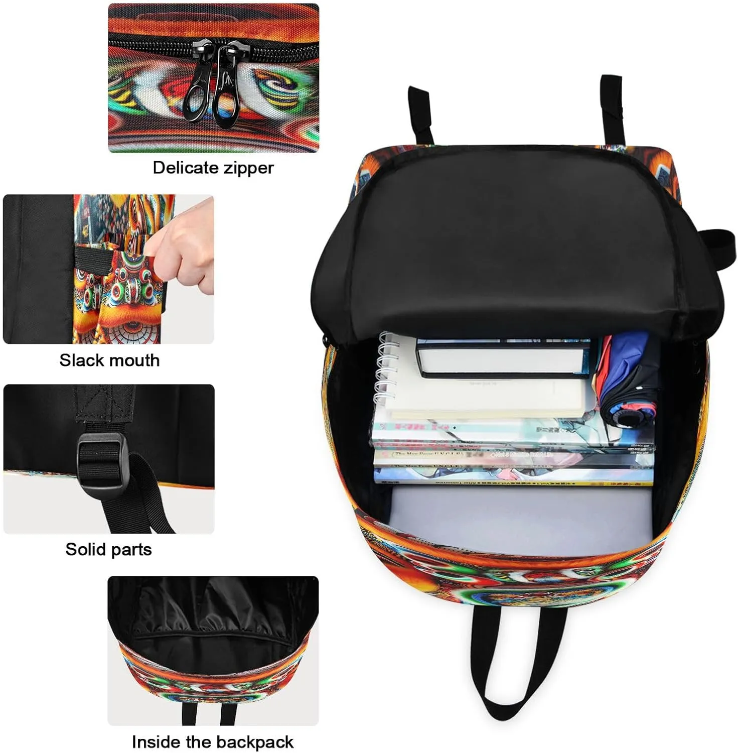 Cantonese Lion Dance Tiger's Head Hat with Text Set Backpack Waterproof Lunch Cooler, Kid Backpack with Lunch Box, Elementary School Backpack