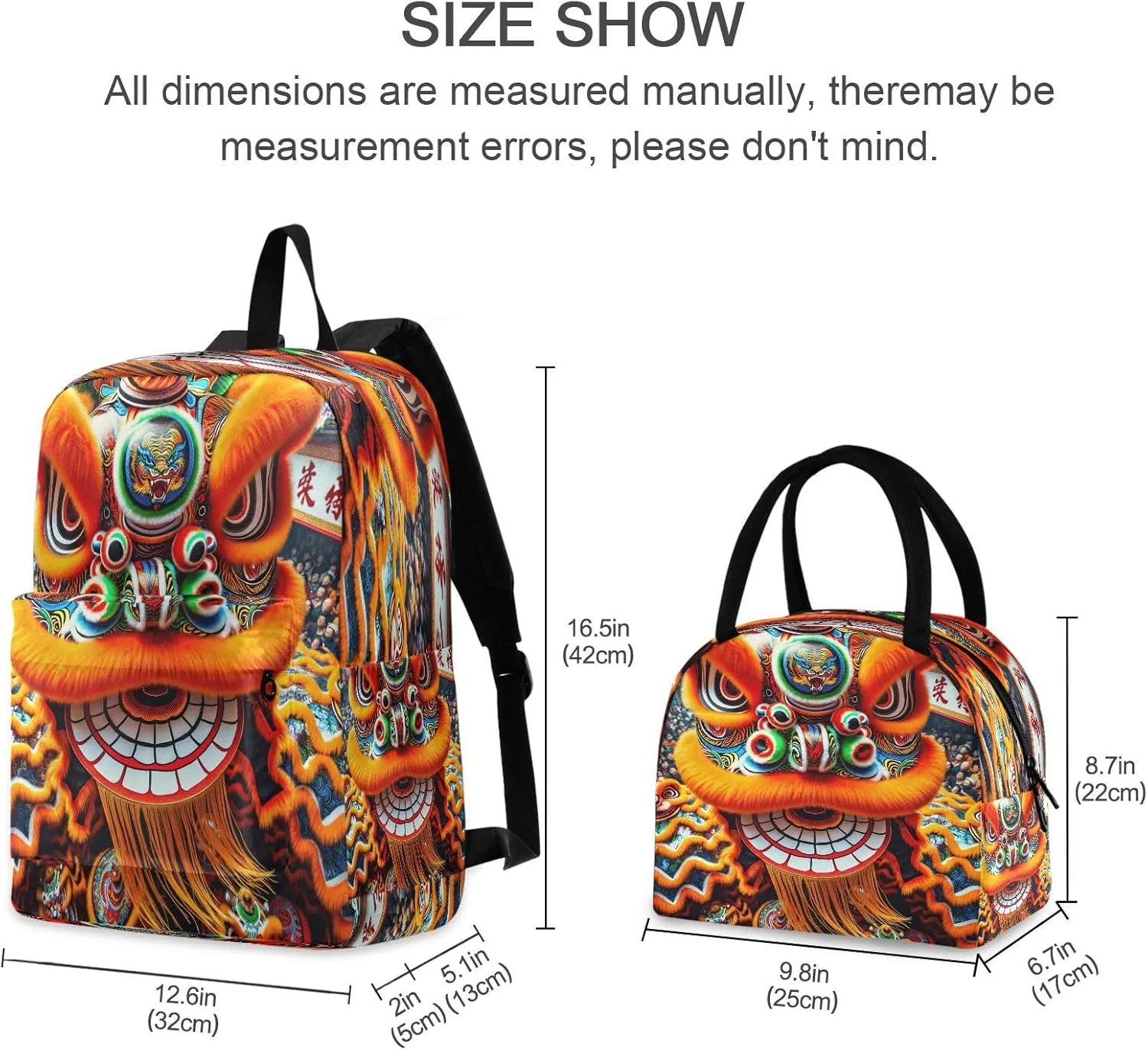 Cantonese Lion Dance Tiger's Head Hat with Text Set Backpack Waterproof Lunch Cooler, Kid Backpack with Lunch Box, Elementary School Backpack
