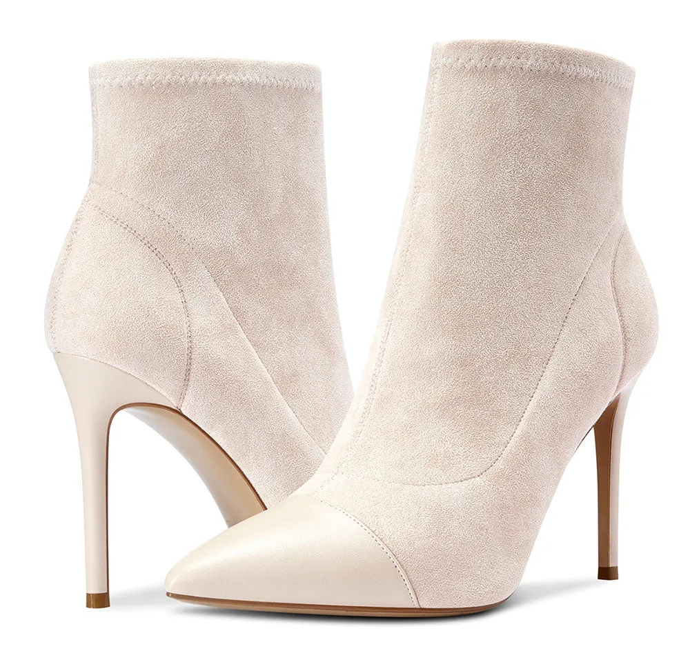 CASTAMERE Women's High Heel Ankle Boots Slip-on Pointed Toe Stretch Boot Stilettos Classic PU-Suede Boots 10CM Heels