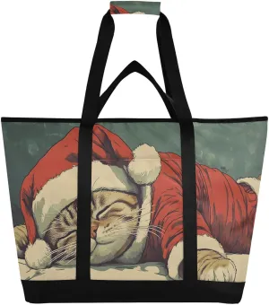 Cat Christmas Hat Cute Large Insulated Reusable Tote Bag for Grocery Shopping for Women Men, Cooler Bag with Zippered Top & Handles for Travel Beach Picnic