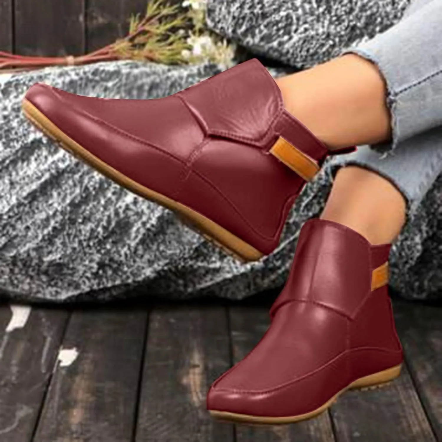 Cathalem Ankle Boots for Women No Heel,Arch Support Booties Side Zip-up Vintage Leather Damping Shoes Flat Heel Booties