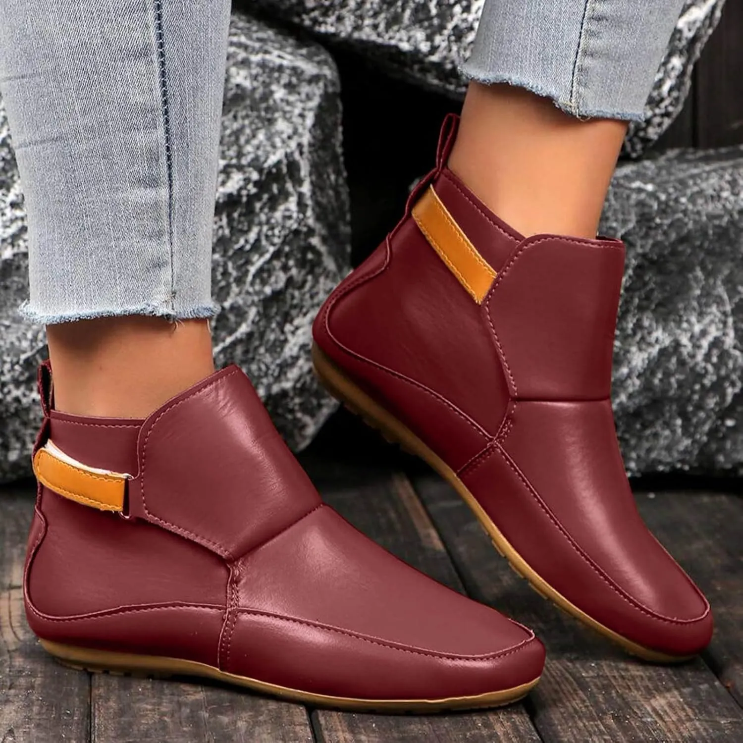 Cathalem Ankle Boots for Women No Heel,Arch Support Booties Side Zip-up Vintage Leather Damping Shoes Flat Heel Booties