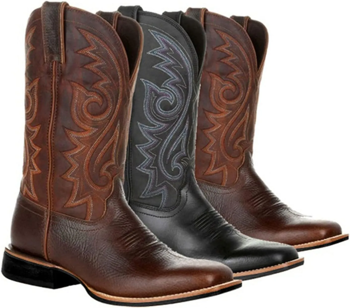 Cathalem Cowboy Boots for Women Mid Calf Cowgirl Boots Square Toe Chunky Heel Embroidery Stitched Western Boots