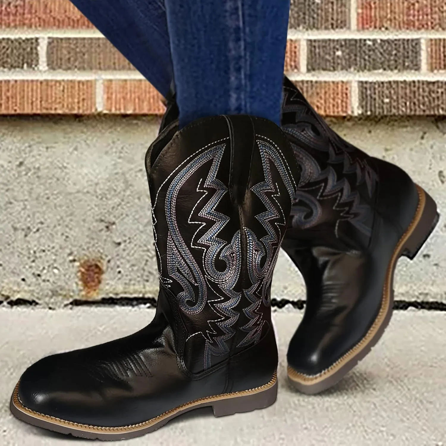 Cathalem Cowboy Boots for Women Mid Calf Cowgirl Boots Square Toe Chunky Heel Embroidery Stitched Western Boots