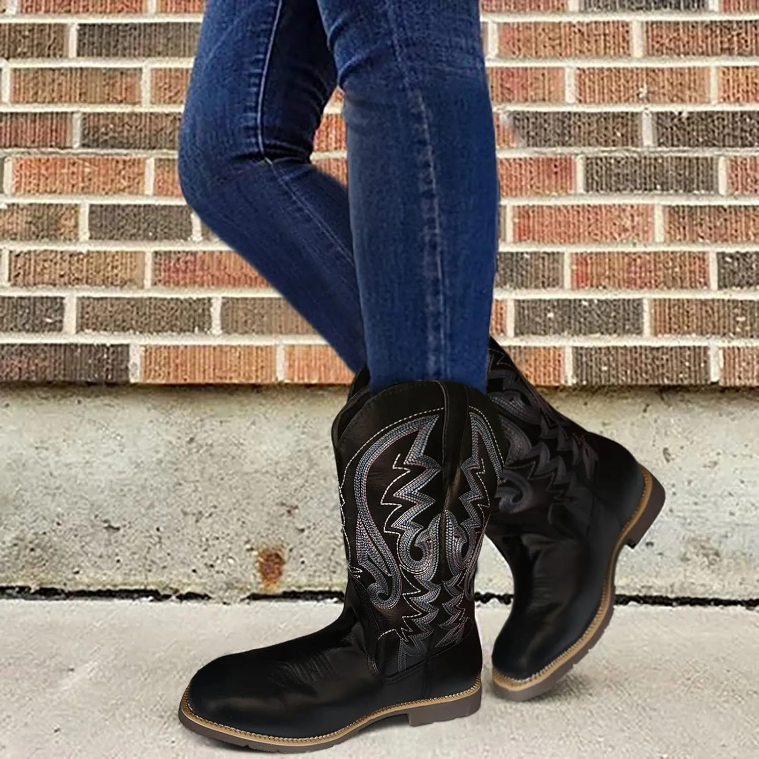 Cathalem Cowboy Boots for Women Mid Calf Cowgirl Boots Square Toe Chunky Heel Embroidery Stitched Western Boots