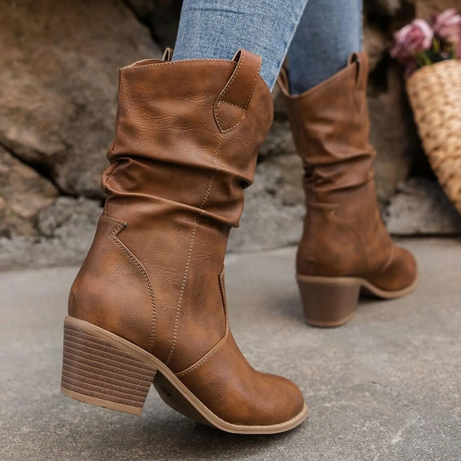 Cathalem Cowgirl Boots for Women, Cowboy Cowgirl Western Ankle Boots Fashion Low Chunky Heels Square Toe Fall Short Booties