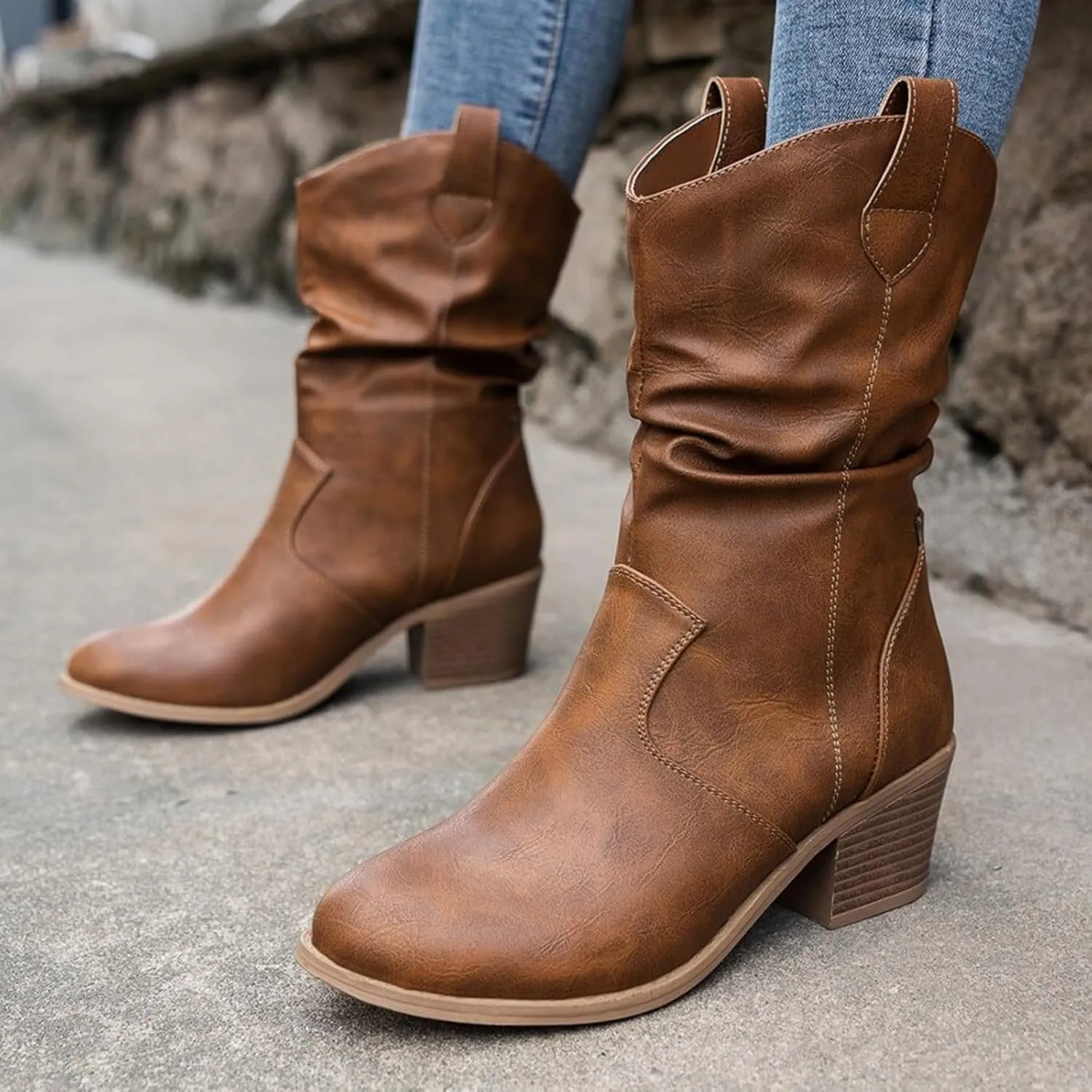 Cathalem Cowgirl Boots for Women, Cowboy Cowgirl Western Ankle Boots Fashion Low Chunky Heels Square Toe Fall Short Booties