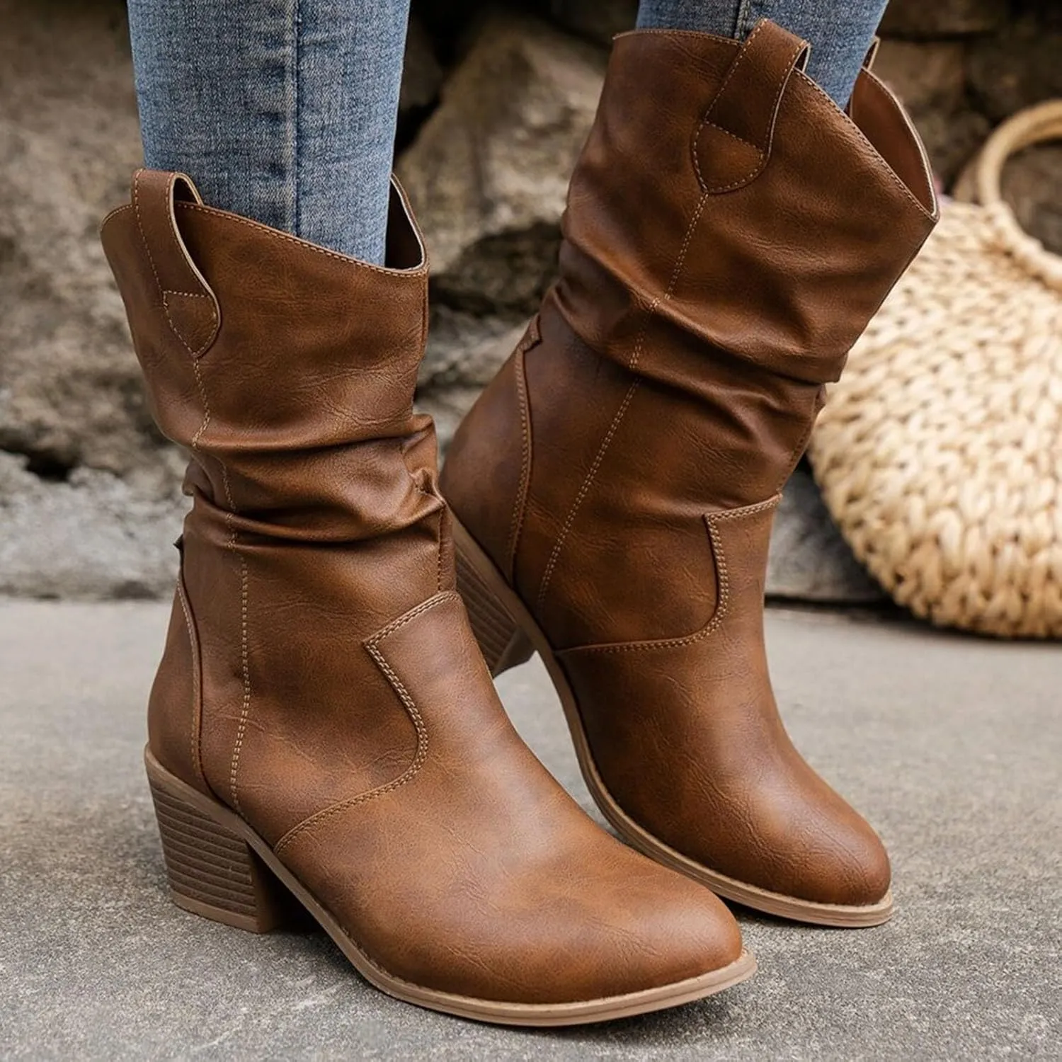 Cathalem Cowgirl Boots for Women, Cowboy Cowgirl Western Ankle Boots Fashion Low Chunky Heels Square Toe Fall Short Booties