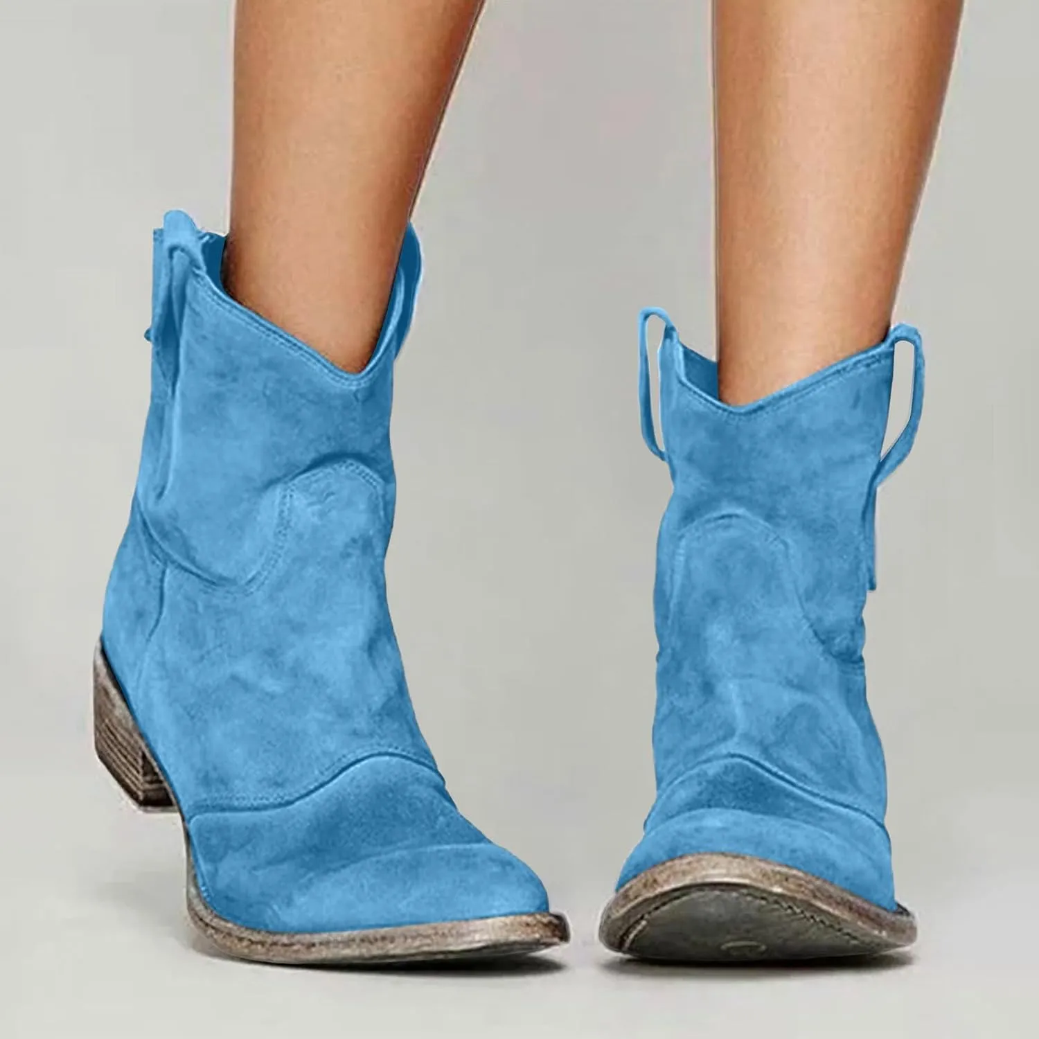 Cathalem Women's Western Cowboy Ankle Boots Low Heel Mid Calf Cowgirl Boots Slip On Round Toe Chunky Heel Fashion Retro Classic Boots Suede Back Zipper Fall Short Ankle Booties