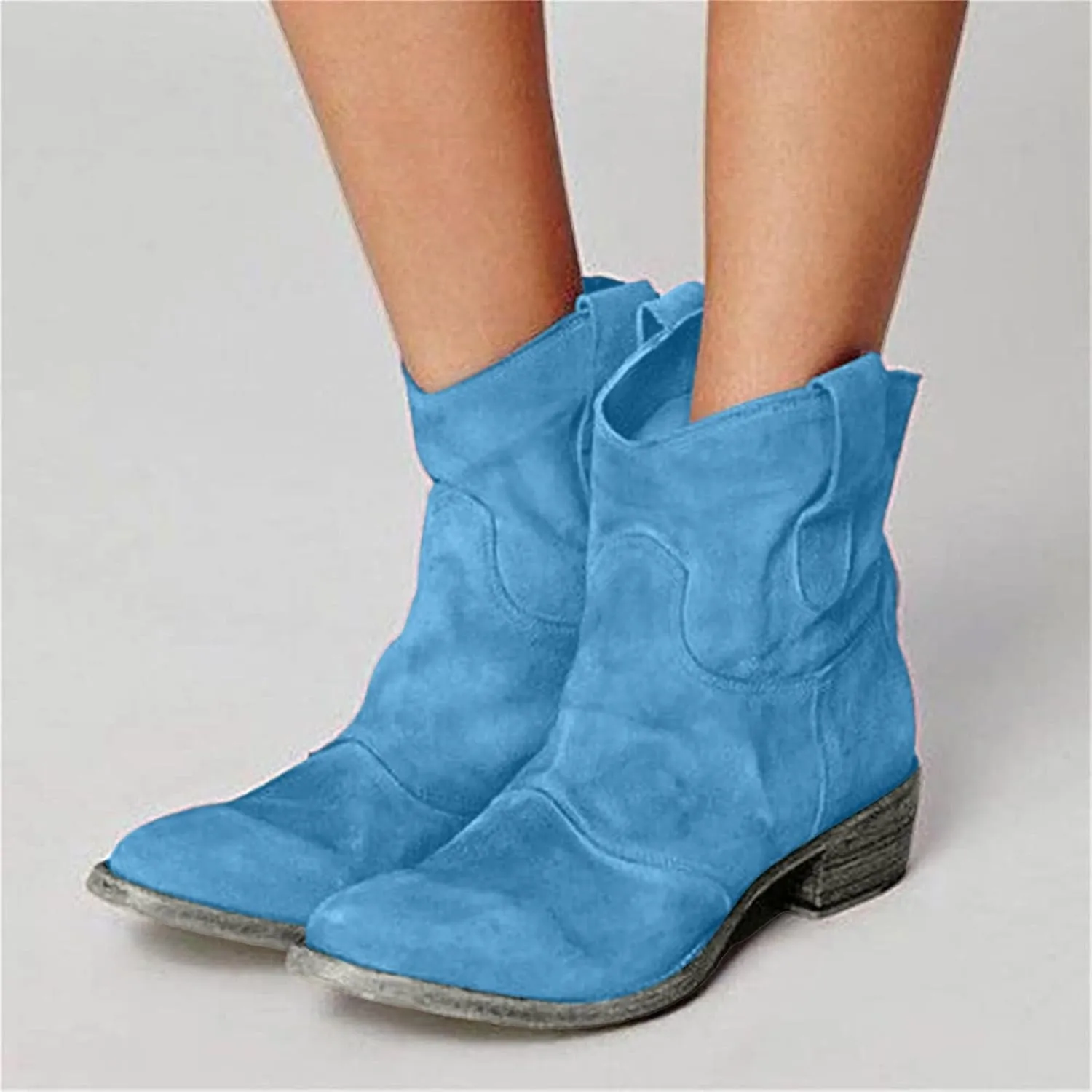 Cathalem Women's Western Cowboy Ankle Boots Low Heel Mid Calf Cowgirl Boots Slip On Round Toe Chunky Heel Fashion Retro Classic Boots Suede Back Zipper Fall Short Ankle Booties