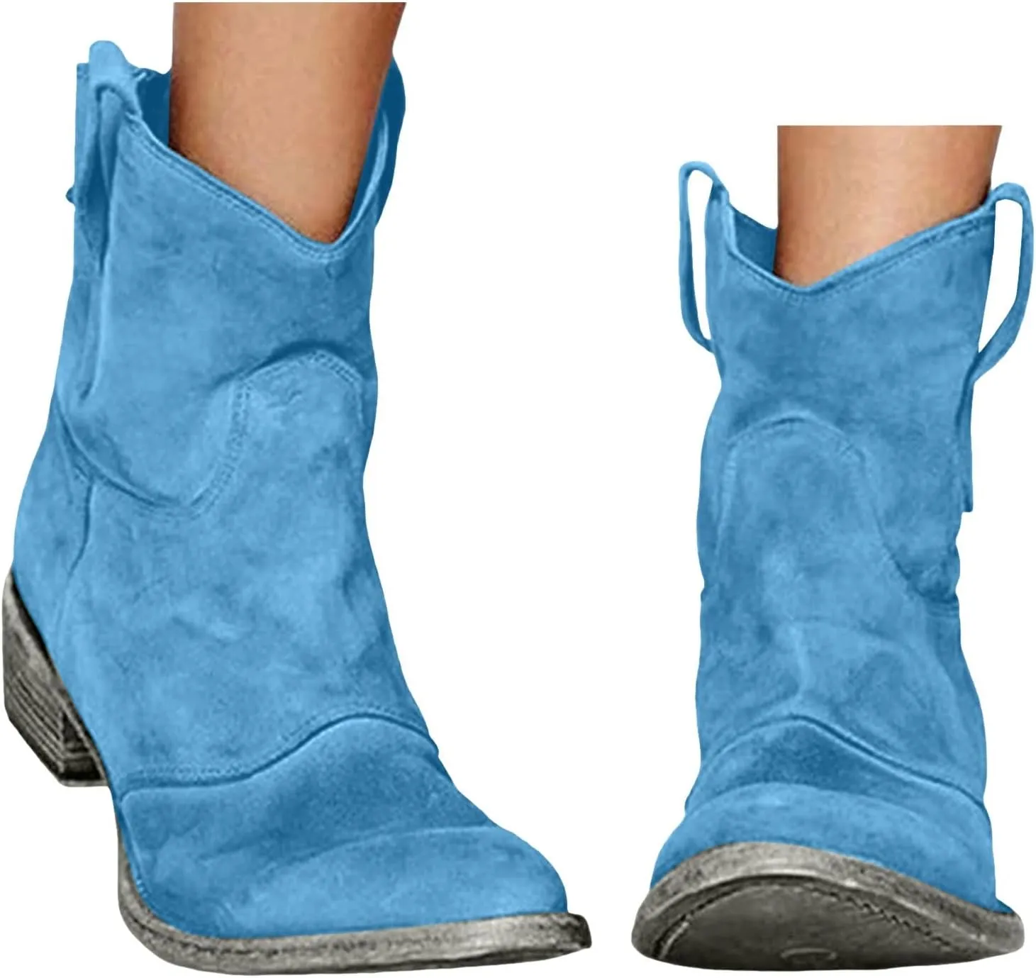 Cathalem Women's Western Cowboy Ankle Boots Low Heel Mid Calf Cowgirl Boots Slip On Round Toe Chunky Heel Fashion Retro Classic Boots Suede Back Zipper Fall Short Ankle Booties