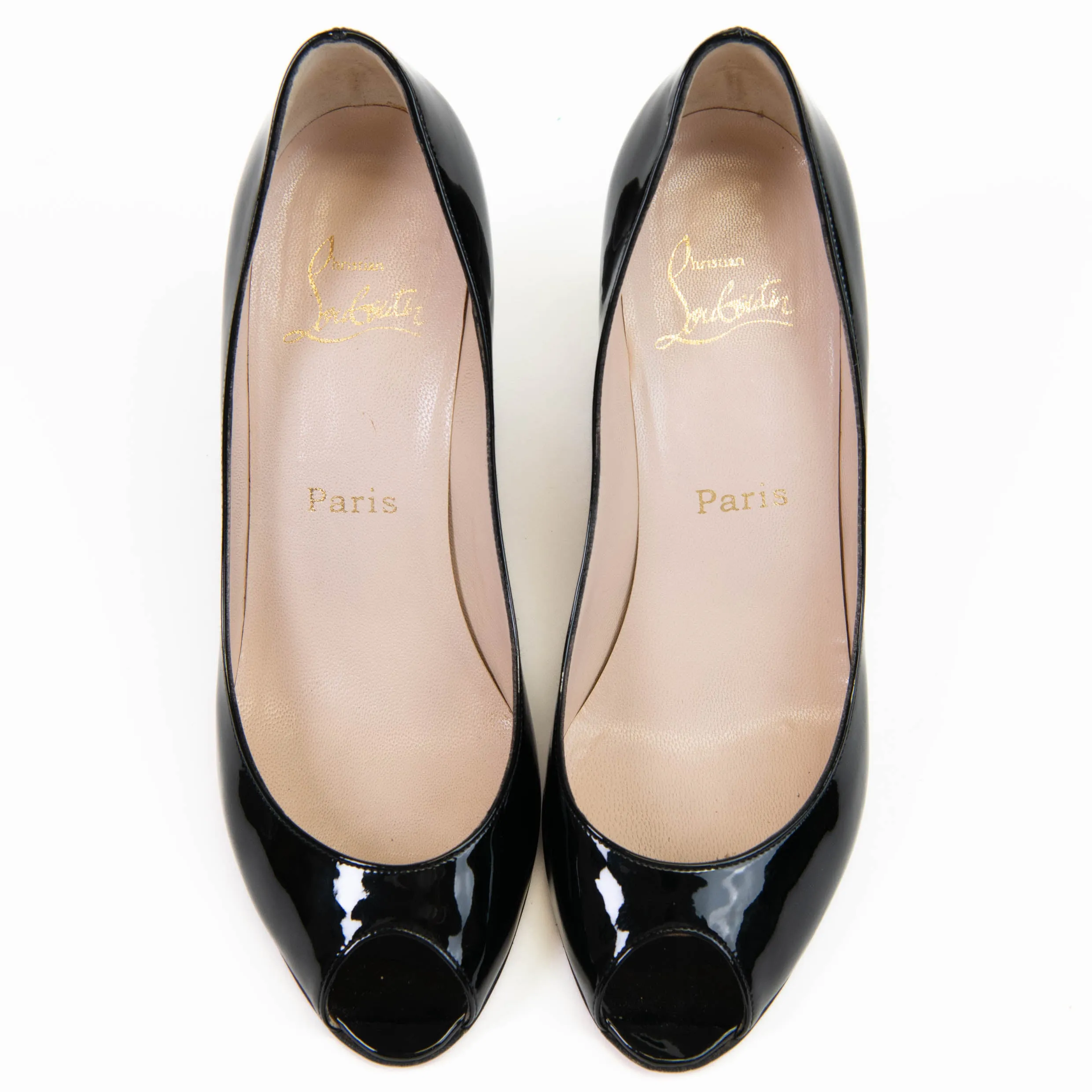 Christian Louboutin Black Patent Leather Jo Peep Toe Pumps 38
