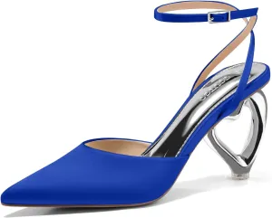 Coutgo Womens Kitten Heels Closed Pointed Toe Heart Heel Ankle Strap Satin Pumps Wedding Prom Dress Shoes