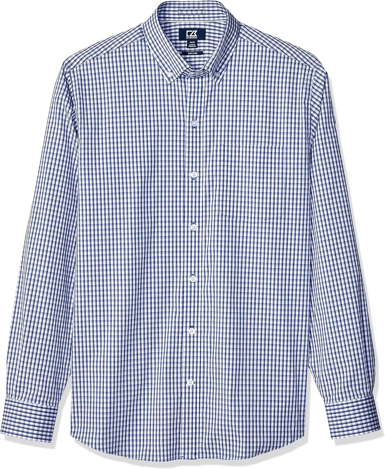 Cutter & Buck Men's Wrinkle Resistant Stretch Long Sleeve Button Down Shirt, Tour Blue Gingham, Large Tall