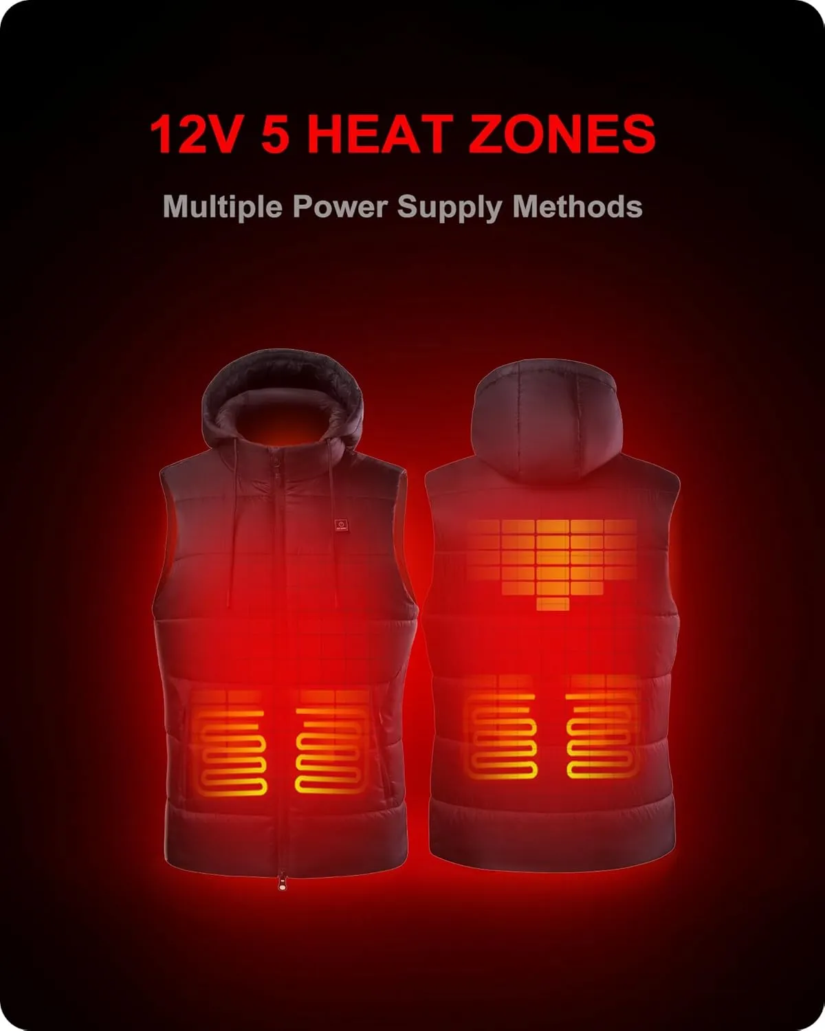 DEWBU Heated Vest with 12V Battery Pack, Multiple Power Supply Methods Lightweight Heated Clothes with Detachable Hood