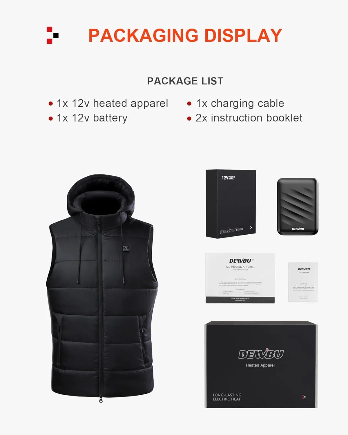 DEWBU Heated Vest with 12V Battery Pack, Multiple Power Supply Methods Lightweight Heated Clothes with Detachable Hood