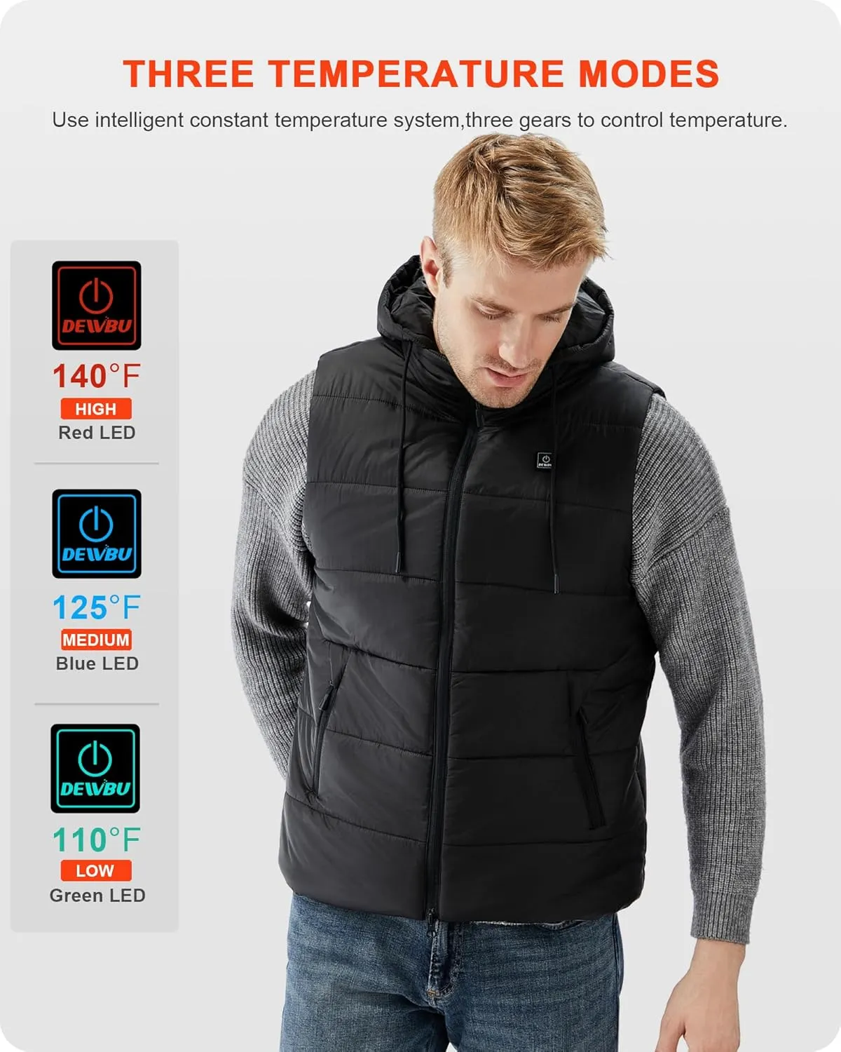 DEWBU Heated Vest with 12V Battery Pack, Multiple Power Supply Methods Lightweight Heated Clothes with Detachable Hood