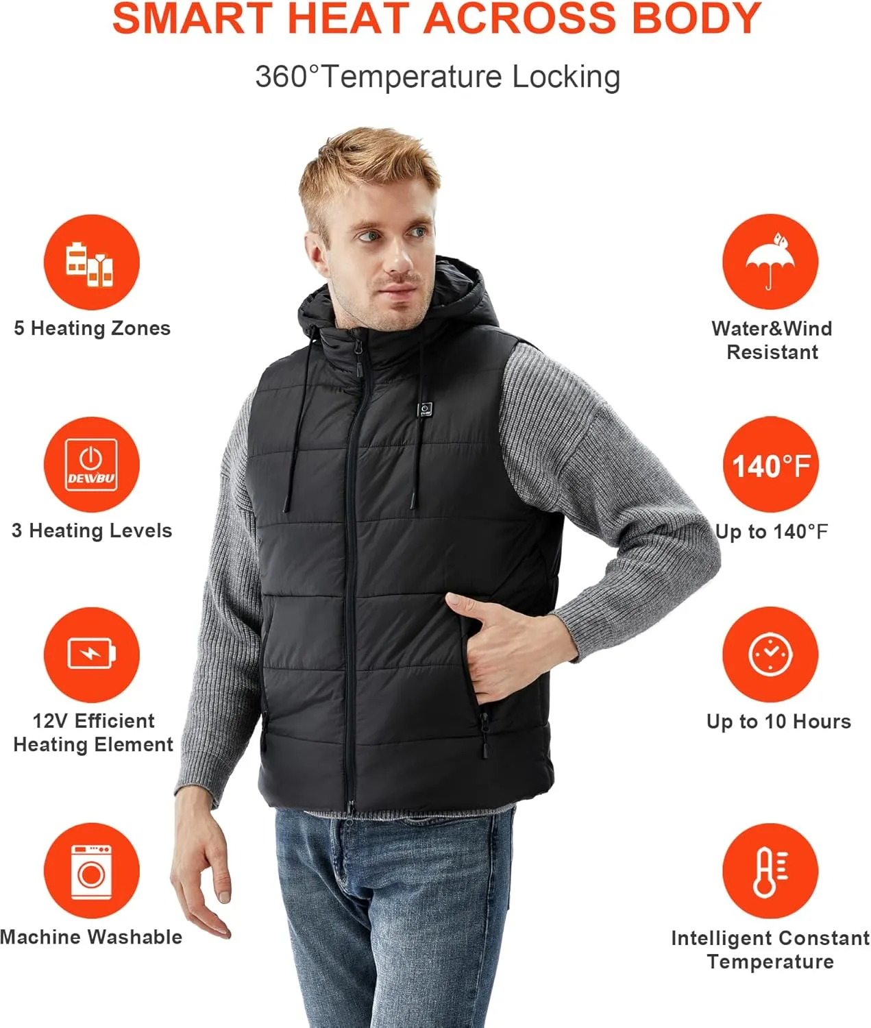 DEWBU Heated Vest with 12V Battery Pack, Multiple Power Supply Methods Lightweight Heated Clothes with Detachable Hood