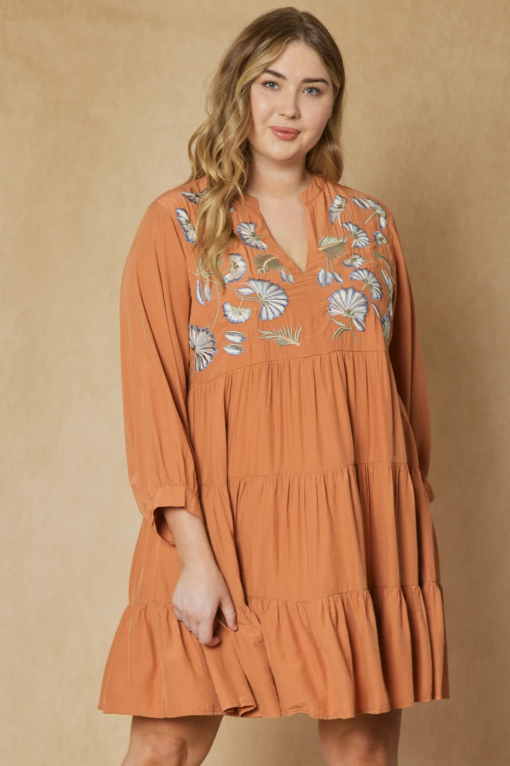 Floral Embroidered Tiered Dress, Terra Cotta