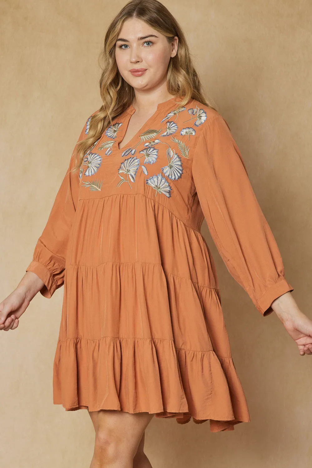 Floral Embroidered Tiered Dress, Terra Cotta