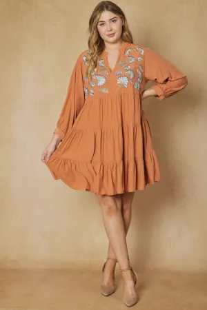 Floral Embroidered Tiered Dress, Terra Cotta
