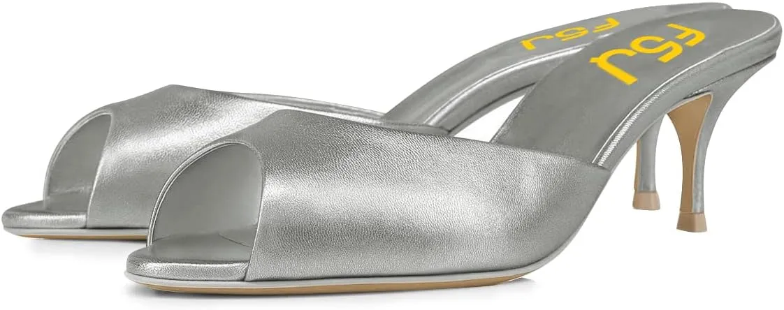FSJ Women Comfort Peep Toe Low Kitten Heel Sandals Slip On Mules Wide Straps Backless Summer Dressy Slide Slippers Size 4-15 US