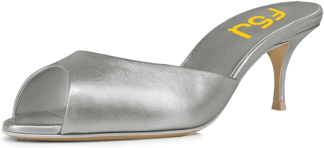 FSJ Women Comfort Peep Toe Low Kitten Heel Sandals Slip On Mules Wide Straps Backless Summer Dressy Slide Slippers Size 4-15 US