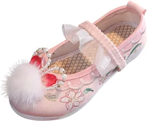 Girls Flat Bottom Bunny Embroidered Sandals Kids Chinese National Style Vintage Retro Performance Dress Shoes