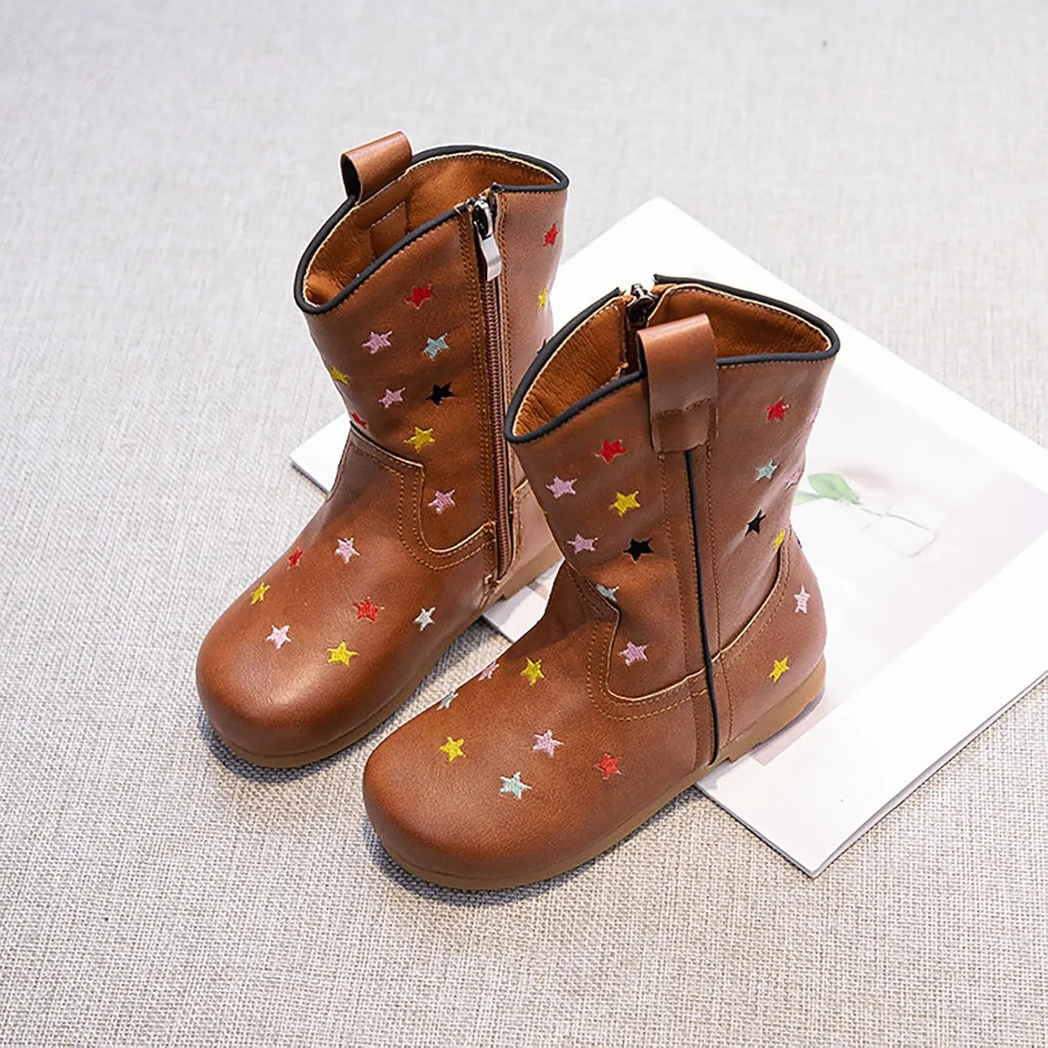 Girls Western Cowboy Boots Toddler Kids Fashion Solid Color Non Slip Breathable Mid Calf Star PU Leather Boots for Kids