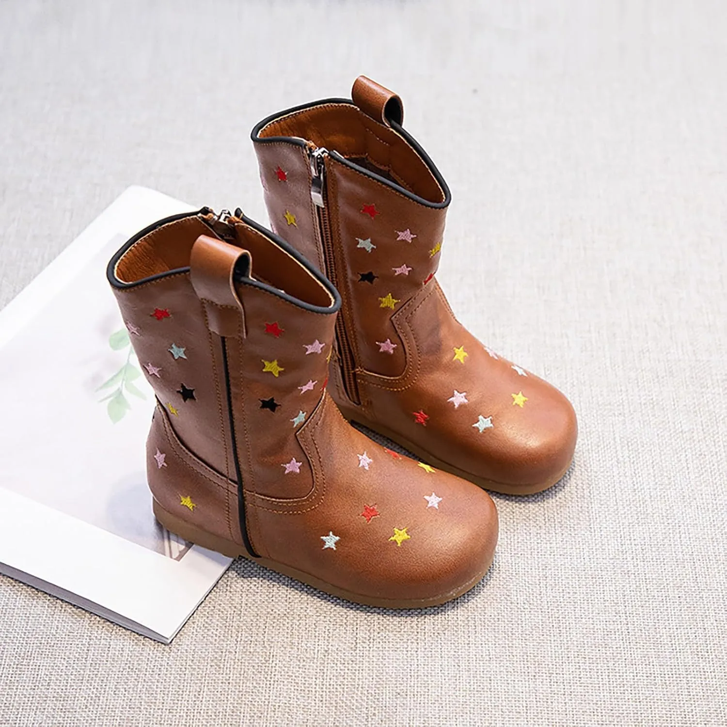 Girls Western Cowboy Boots Toddler Kids Fashion Solid Color Non Slip Breathable Mid Calf Star PU Leather Boots for Kids