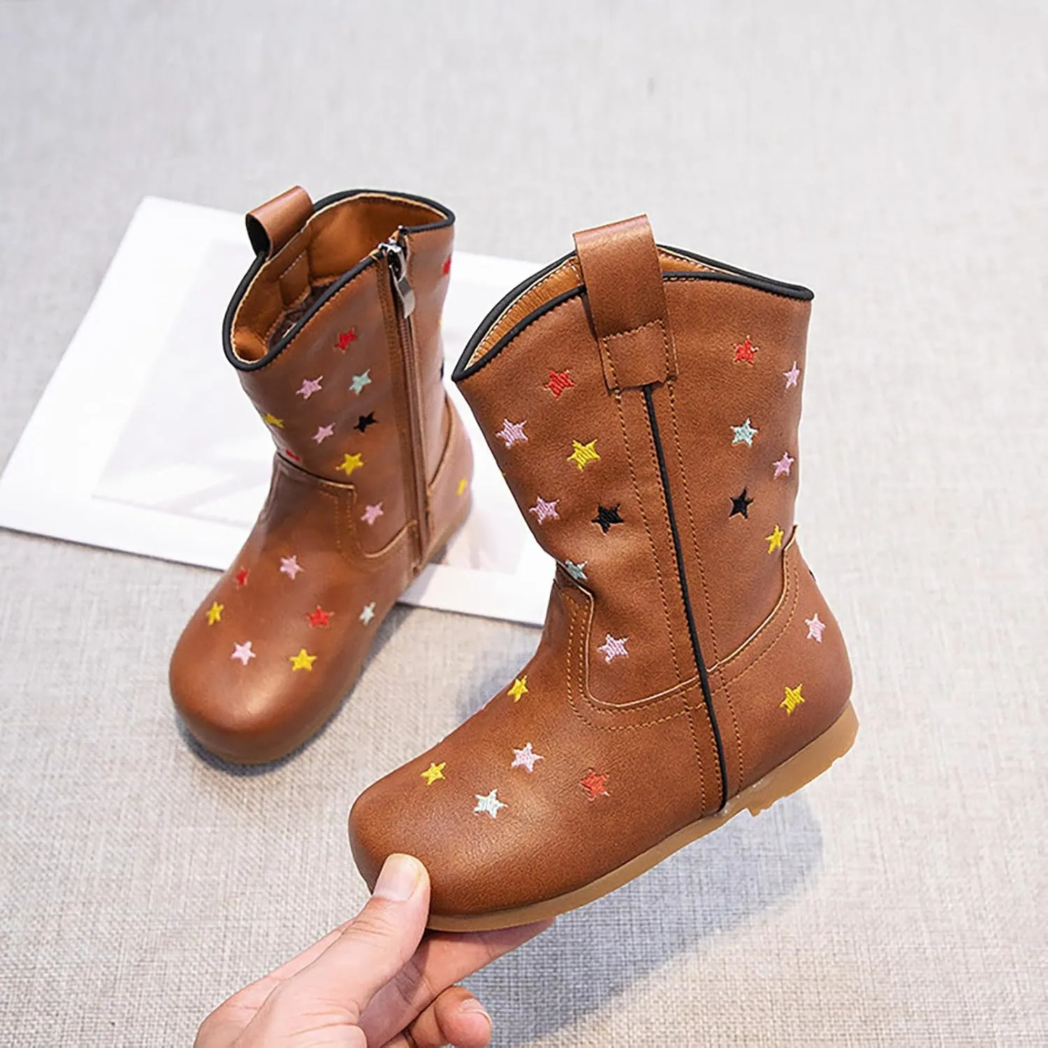 Girls Western Cowboy Boots Toddler Kids Fashion Solid Color Non Slip Breathable Mid Calf Star PU Leather Boots for Kids