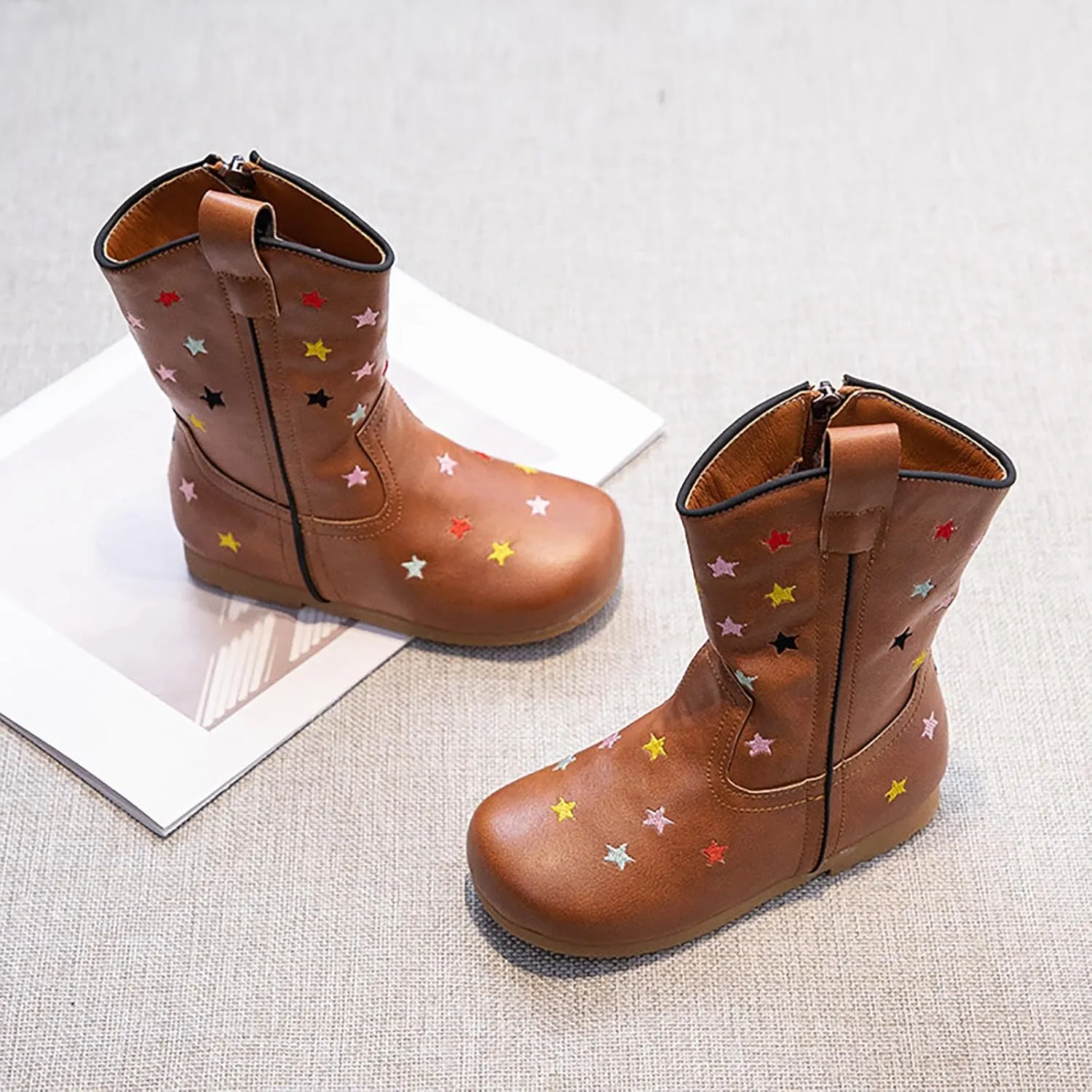 Girls Western Cowboy Boots Toddler Kids Fashion Solid Color Non Slip Breathable Mid Calf Star PU Leather Boots for Kids