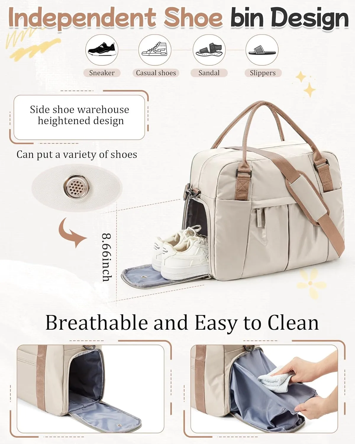 Gym Bag for Women, Large Travel Duffel Carry on Bag with Trolley Sleeve, Waterproof Weekender Bags with Shoe Compartment, Workout Overnight with Dry Wet Separated Pocket, Beige