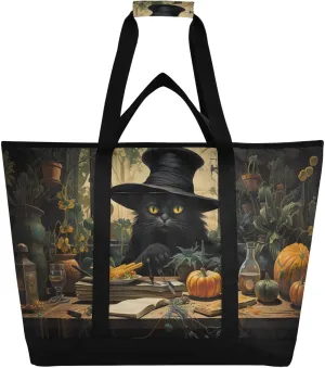 Halloween Dark Cat Hat Large Insulated Reusable Tote Bag for Grocery Shopping for Women Men, Cooler Bag with Zippered Top & Handles for Travel Beach Picnic