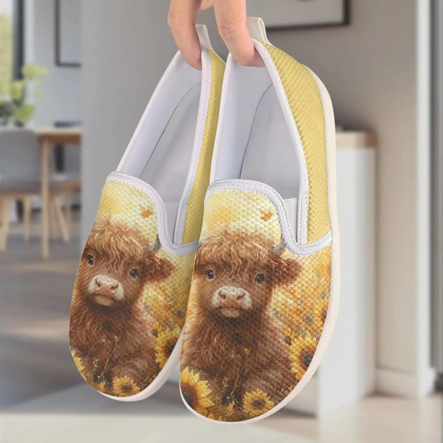 Highland Cattle Work Loafer for Women Running Dress Flats Leisure Loafers Driving Walking Shoes