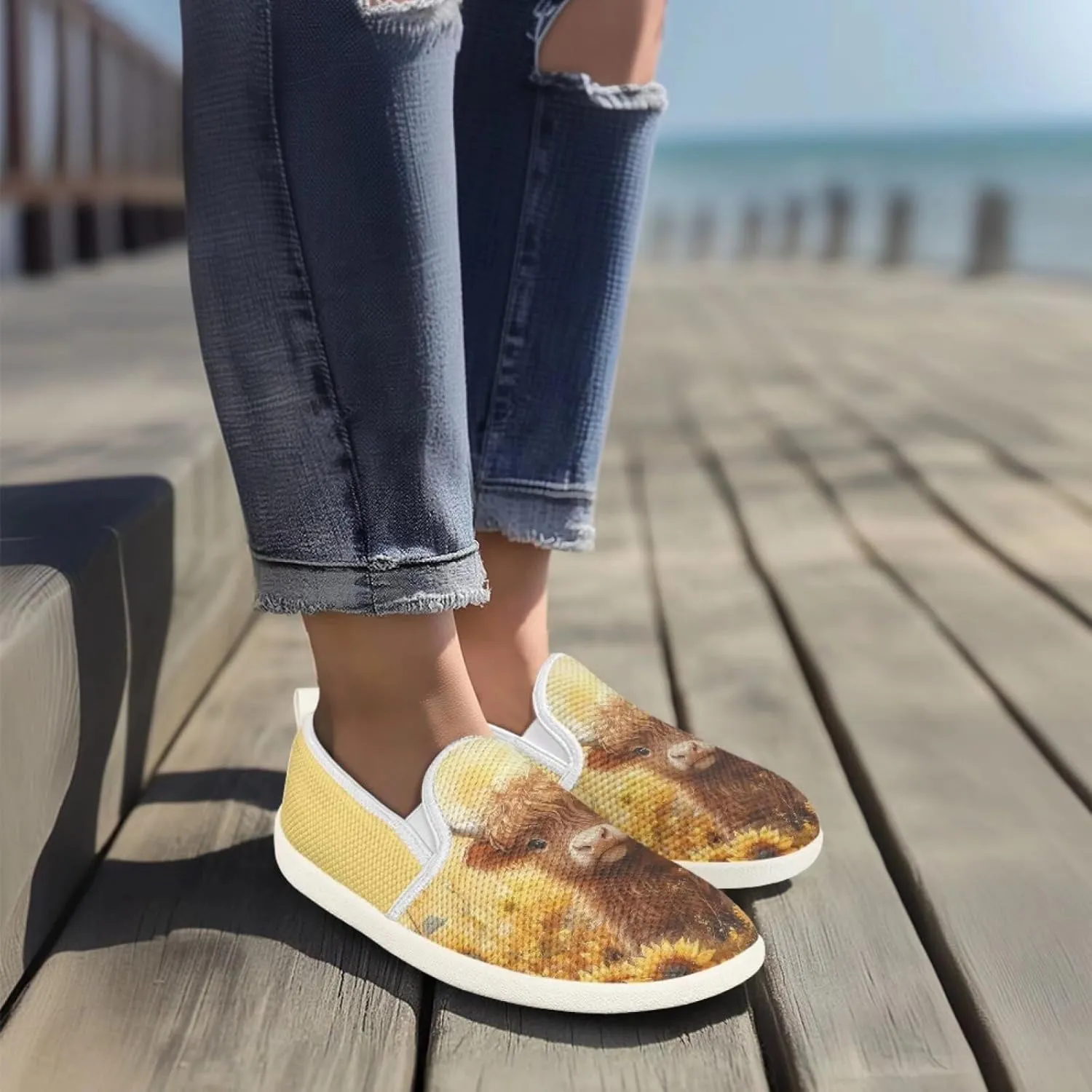 Highland Cattle Work Loafer for Women Running Dress Flats Leisure Loafers Driving Walking Shoes