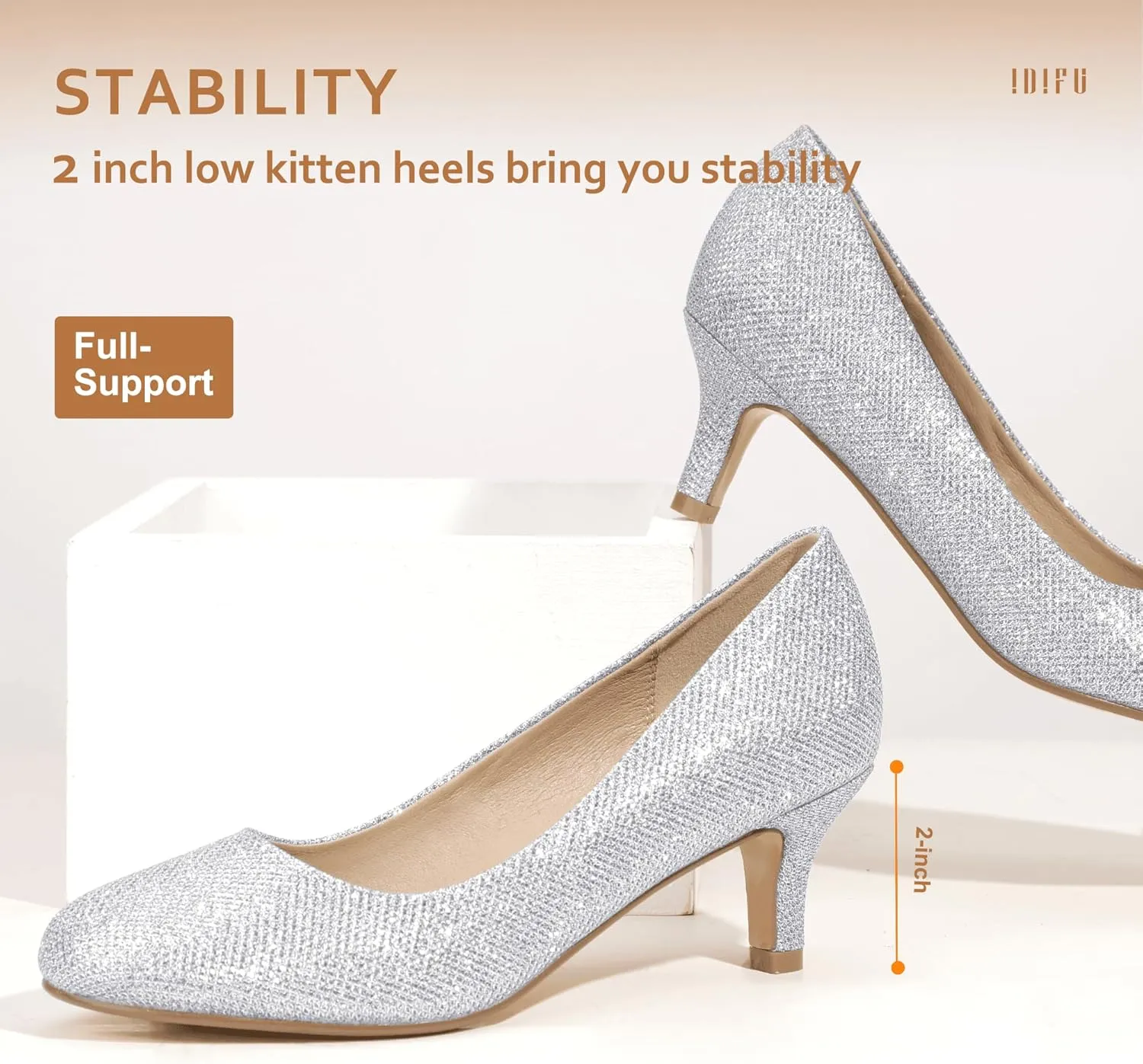 IDIFU Women's Classic Low Heels Dress Pumps 2 Inch Kitten Heel Round Toe Office Wedding Shoes