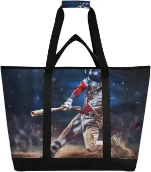 Large Insulated Reusable Tote Bag Baseball Player Blue Hat for Grocery Shopping for Women Men, Cooler Bag with Zippered Top & Handles for Travel Beach Picnic