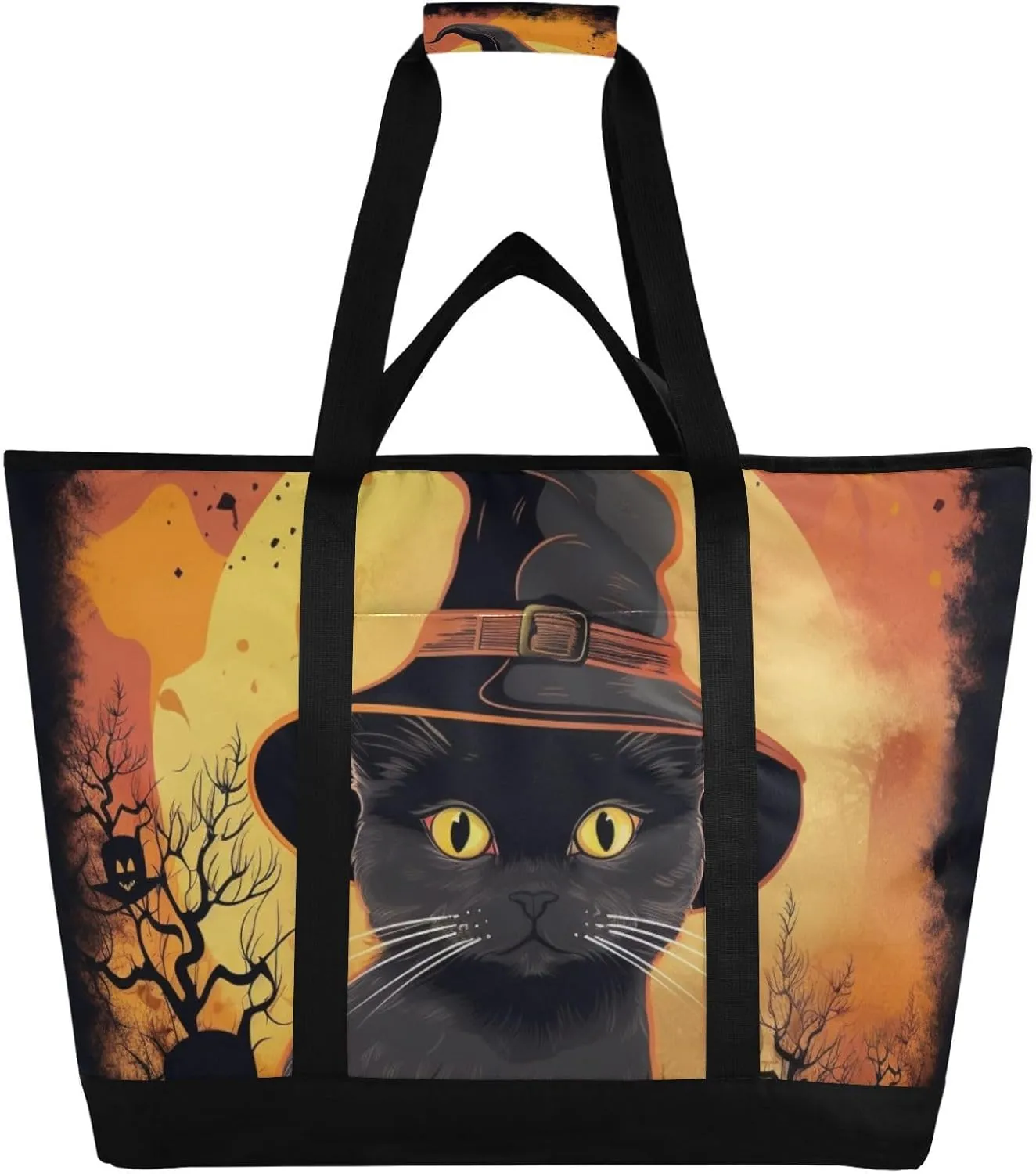 Large Insulated Reusable Tote Bag Halloween Hat Black Cat for Grocery Shopping for Women Men, Cooler Bag with Zippered Top & Handles for Travel Beach Picnic