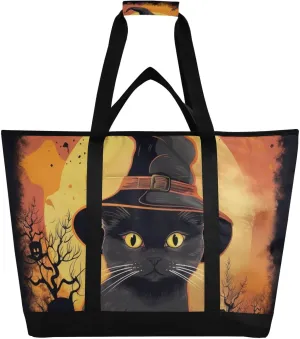 Large Insulated Reusable Tote Bag Halloween Hat Black Cat for Grocery Shopping for Women Men, Cooler Bag with Zippered Top & Handles for Travel Beach Picnic