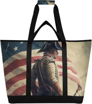 Large Insulated Reusable Tote Bag Military American Flag Hat for Grocery Shopping for Women Men, Cooler Bag with Zippered Top & Handles for Travel Beach Picnic