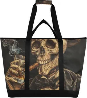 Large Insulated Reusable Tote Bag Skeleton Beer Black Hat for Grocery Shopping for Women Men, Cooler Bag with Zippered Top & Handles for Travel Beach Picnic